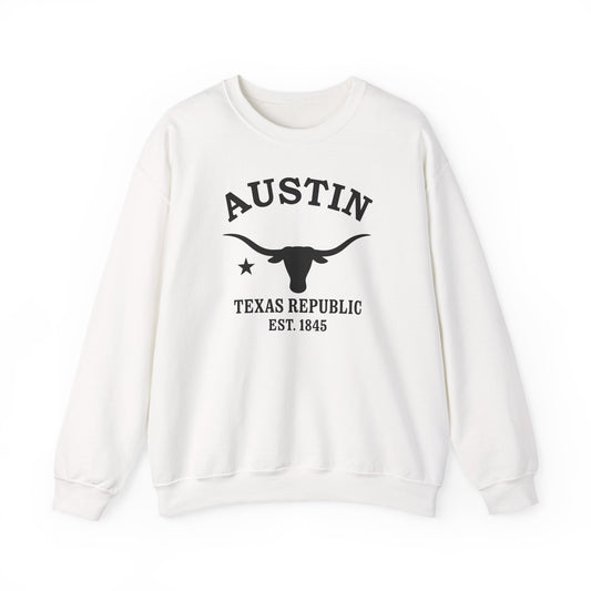 Austin Texas Vintage Retro Unisex Heavy Crewneck Sweatshirt - Black Logo