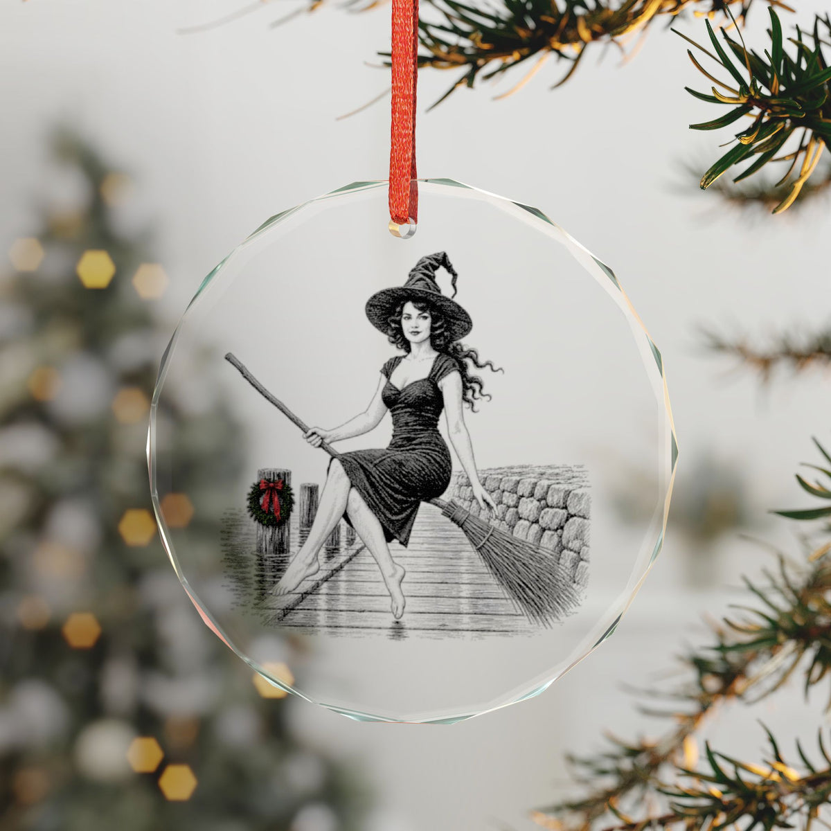 Stamford Connecticut Holiday Ornament, Engraved Witch Seated on a Broomstick Above the Harbor Dock, Christmas Wreath With Red Bow on a Piling, Fieldstone Wall, Crystal Ornament Art