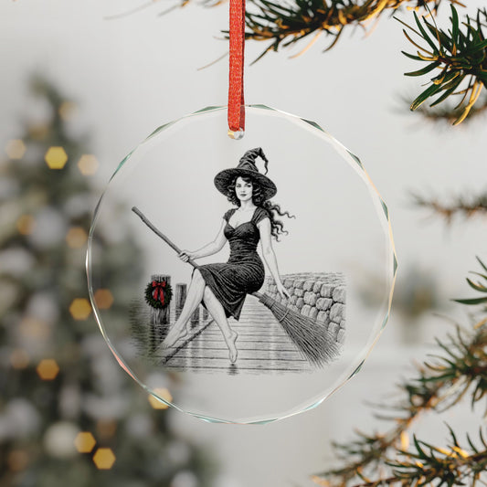 Stamford Connecticut Holiday Ornament, Engraved Witch Seated on a Broomstick Above the Harbor Dock, Christmas Wreath With Red Bow on a Piling, Fieldstone Wall, Crystal Ornament Art