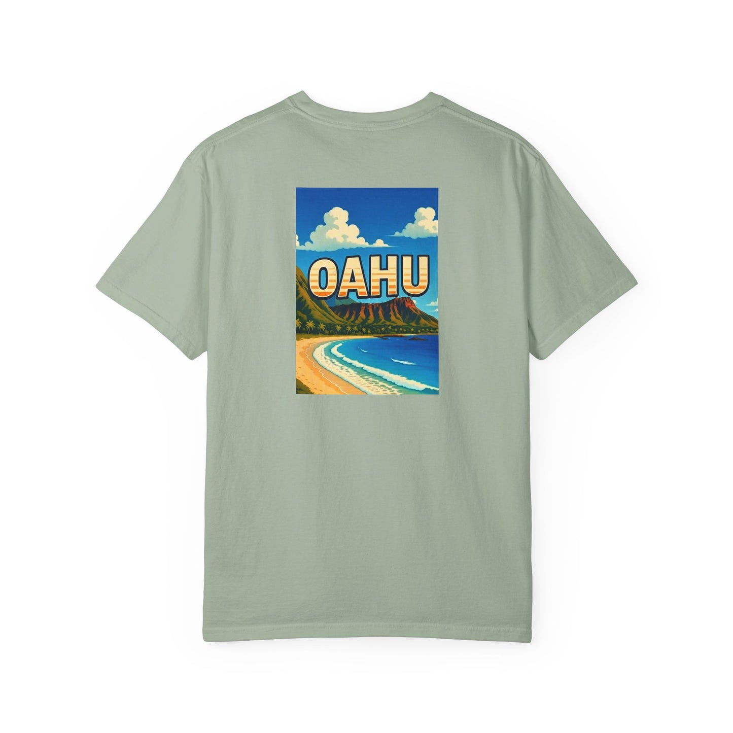 Oahu Hawaii Vintage Retro Back Printed Art Series Cotton Tee - Black Logo