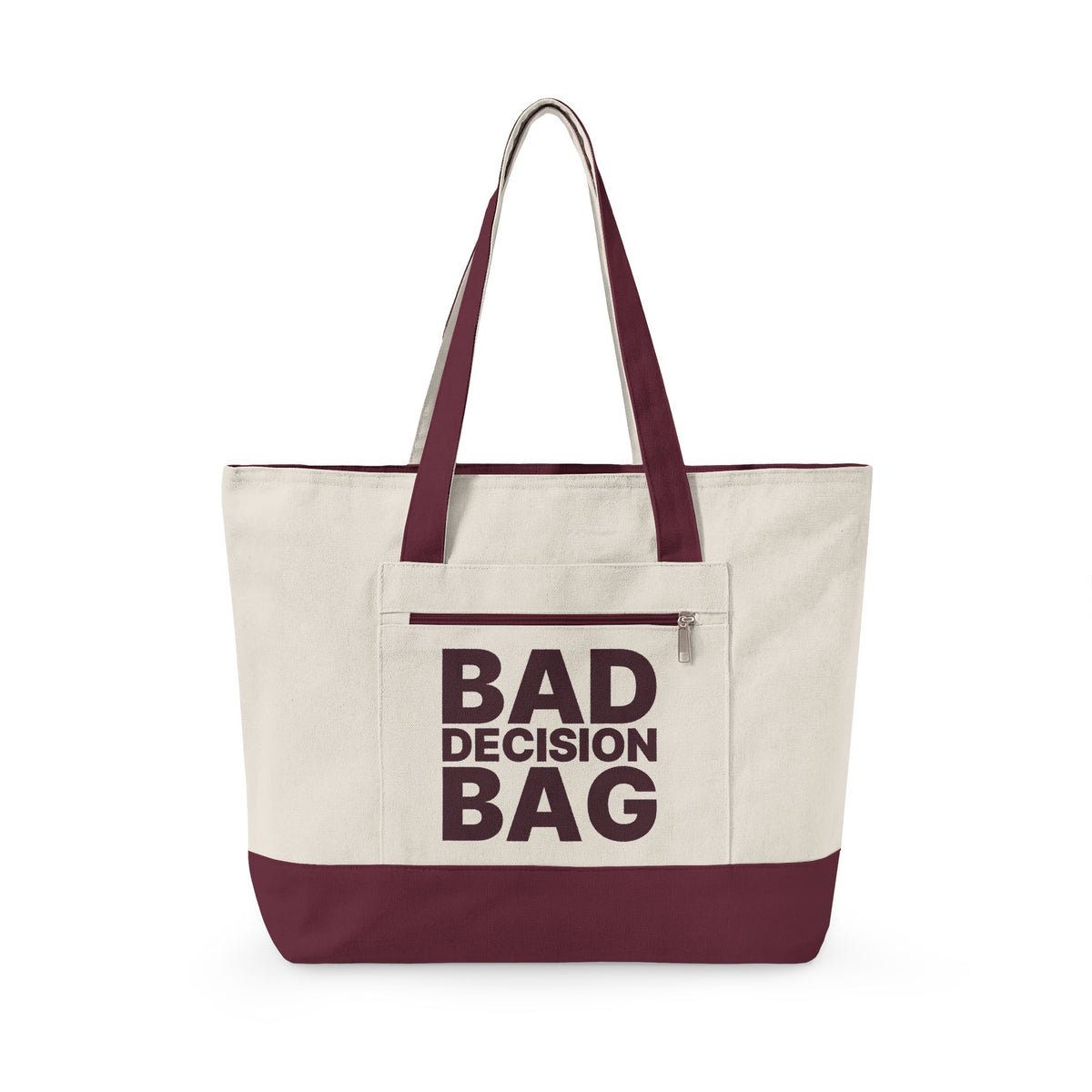 Natural/Maroon Bad Decision Bag MTK Zippered Tote, Long Island Bachelorette Gift
