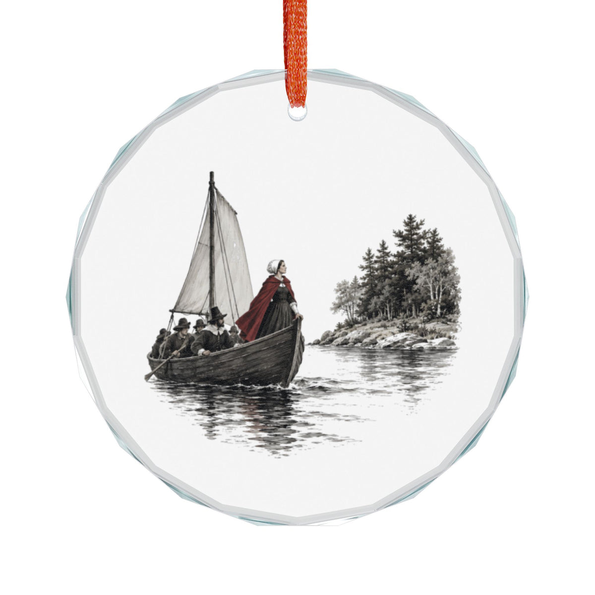 Old Greenwich, Connecticut Holiday Ornament — The Woman Whose Name Is on the Deed — front view: a small open sailing boat approaching a wooded point, a woman standing composed at the stern in a deep red cloak and white coif, four men at the oars and tiller in period dress