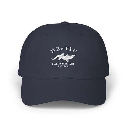Destin Florida Vintage Style Embroidered Cotton Cap - White Retro Alligator Logo, Navy