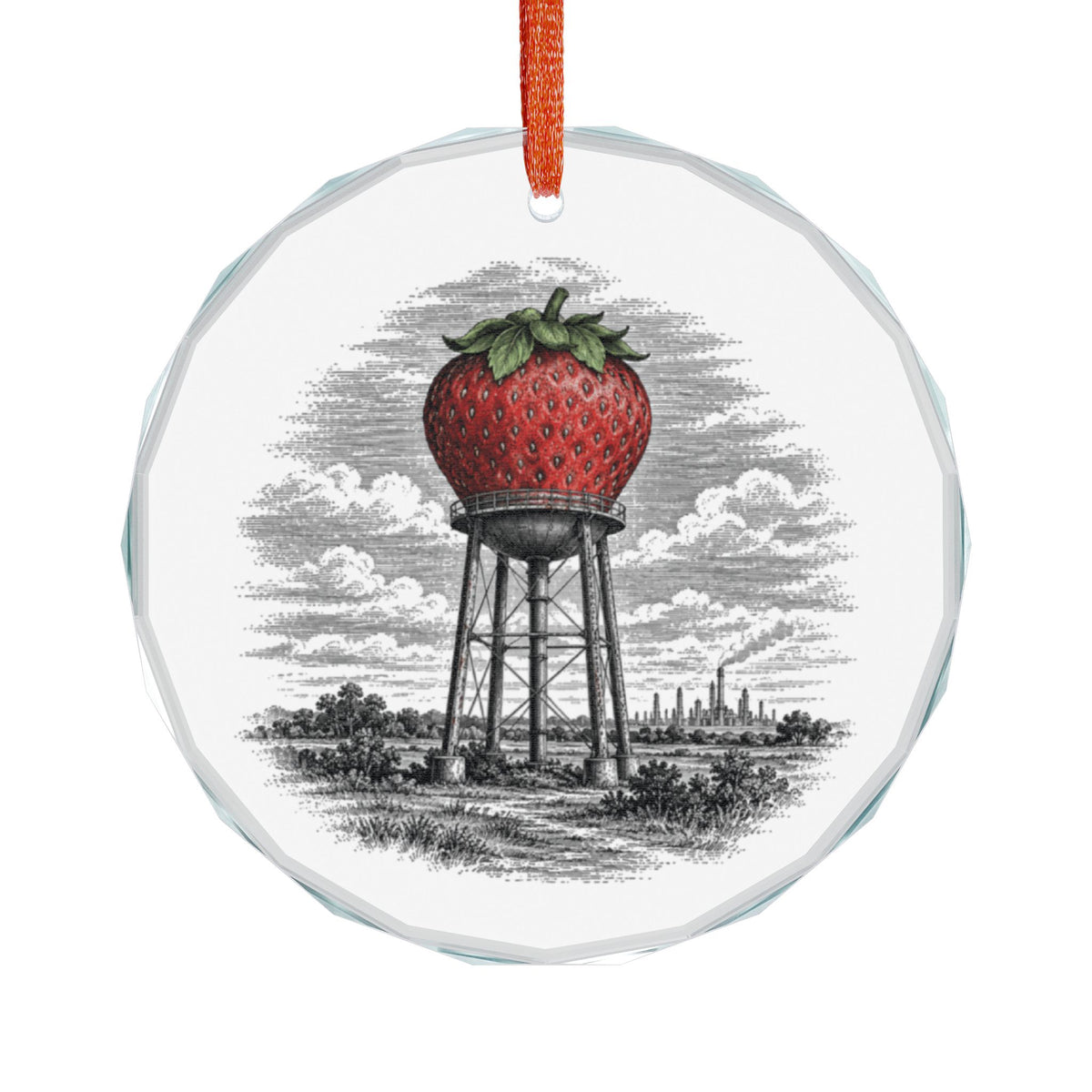 Pasadena Texas Holiday Ornament, Strawberry Water Tower, Crystal Glass Ornament Hanging on White