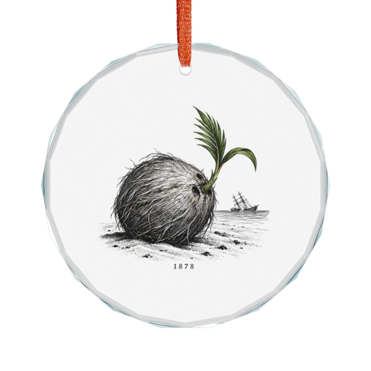 Palm Beach, Florida Holiday Ornament — The Shipwreck That Planted a Town — front view: a husked coconut resting on sand with a green frond sprouting from its eye, fibrous husk finely hatched in engraving style, a small wrecked sailing ship on the horizon behind