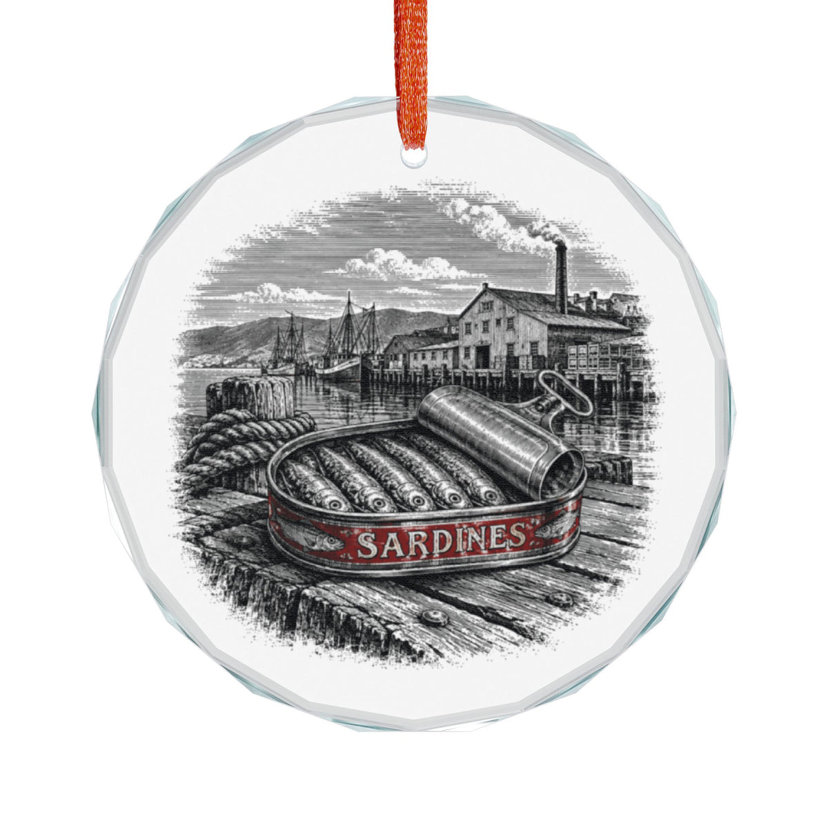 Monterey California Holiday Ornament, Cannery Sardine Tin, Crystal Glass Ornament Hanging on White