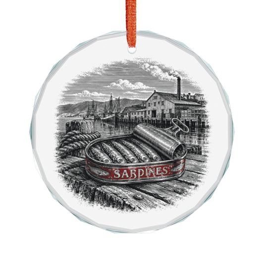 Monterey California Holiday Ornament, Cannery Sardine Tin, Crystal Glass Ornament Hanging on White
