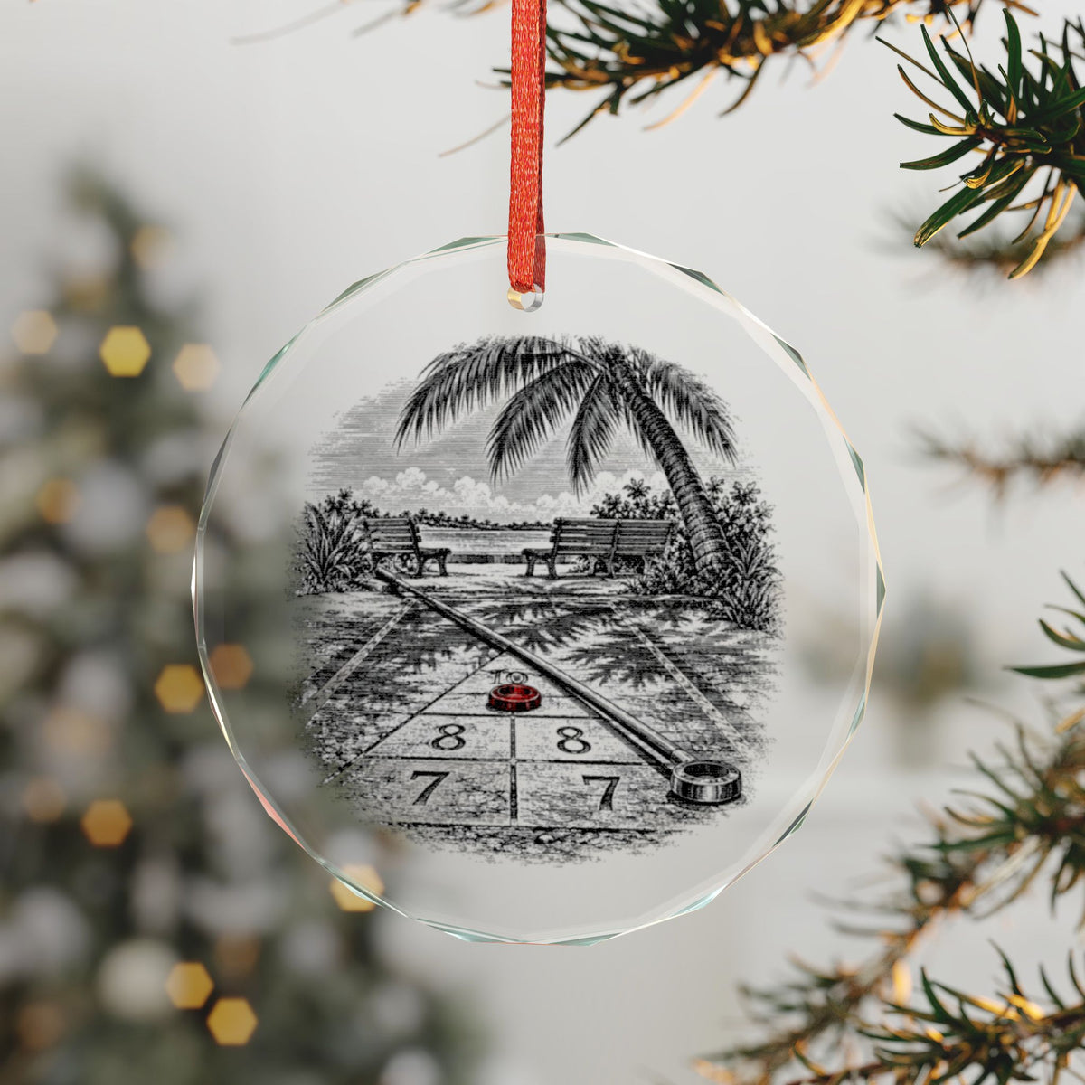 St. Petersburg Florida Holiday Ornament, Shuffleboard, Crystal Glass Ornament Hanging on a Christmas Tree