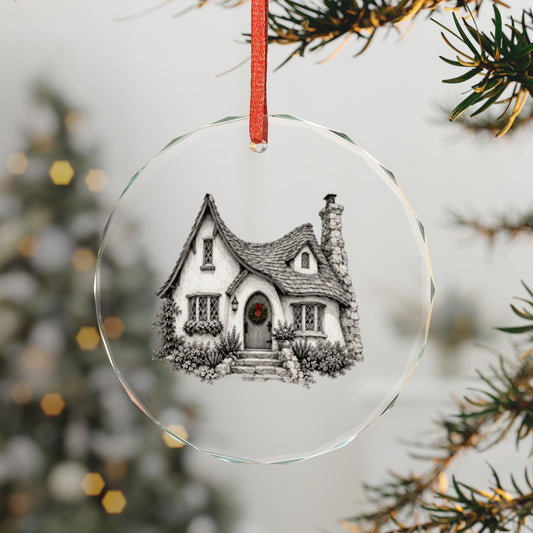Carmel-by-the-Sea, California Holiday Ornament — The Fairy-Tale House With the Crooked Chimney — 3-inch faceted crystal glass ornament in white gift box