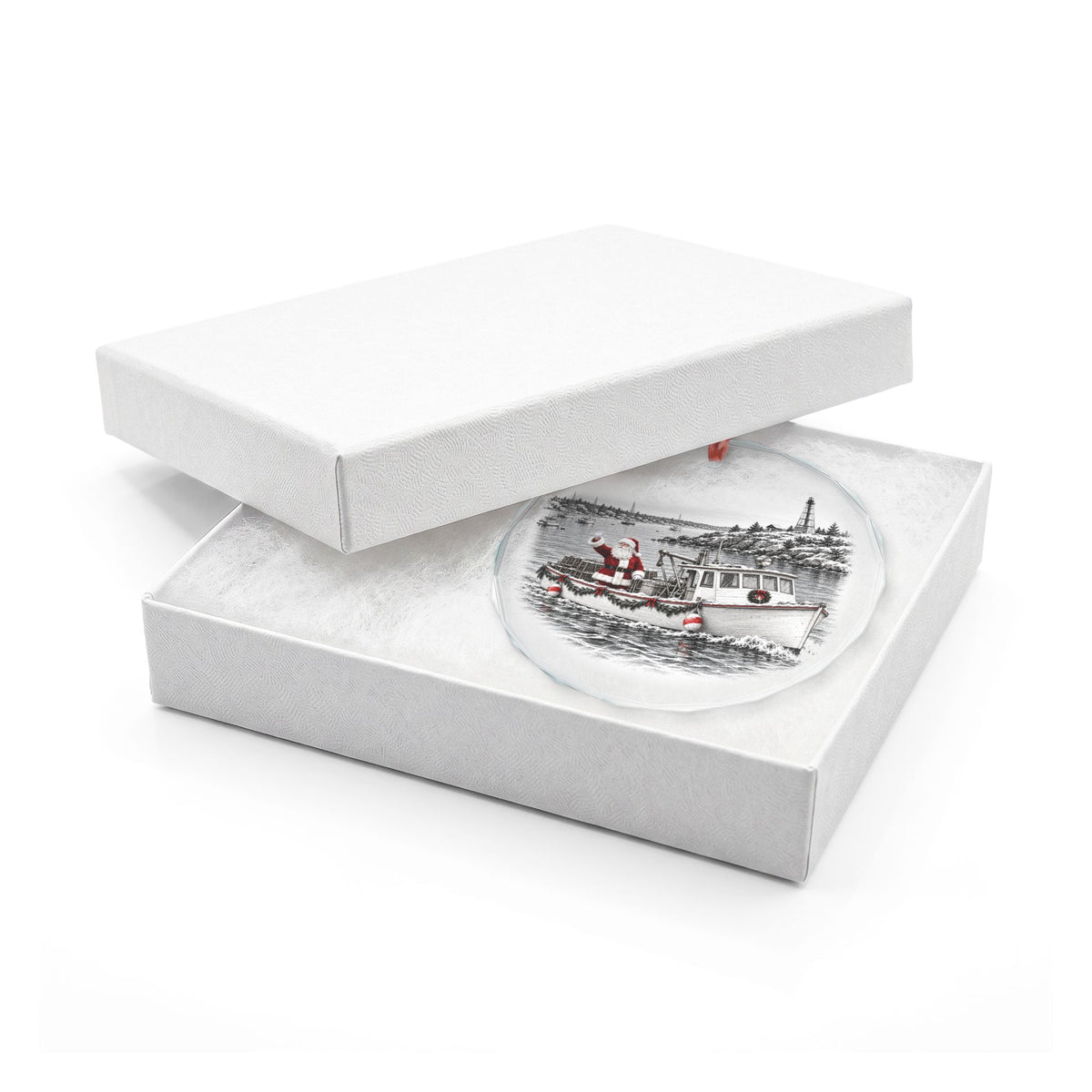 Marblehead Santa's Lobster Boat Crystal Ornament in White Gift Box