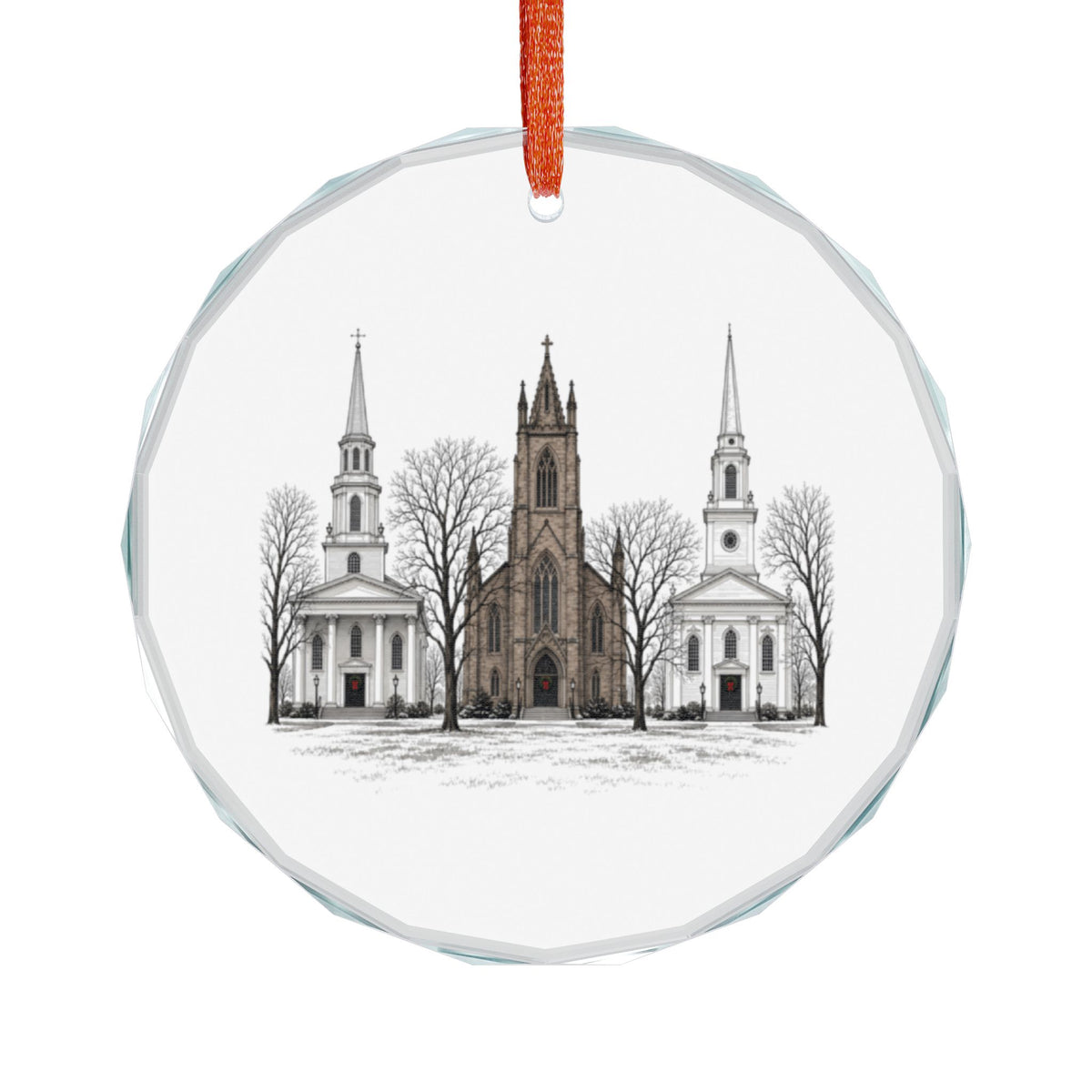New Haven, Connecticut Holiday Ornament — Three Steeples, One Green, Since 1638 — angled view of the gem-cut crystal edge catching light