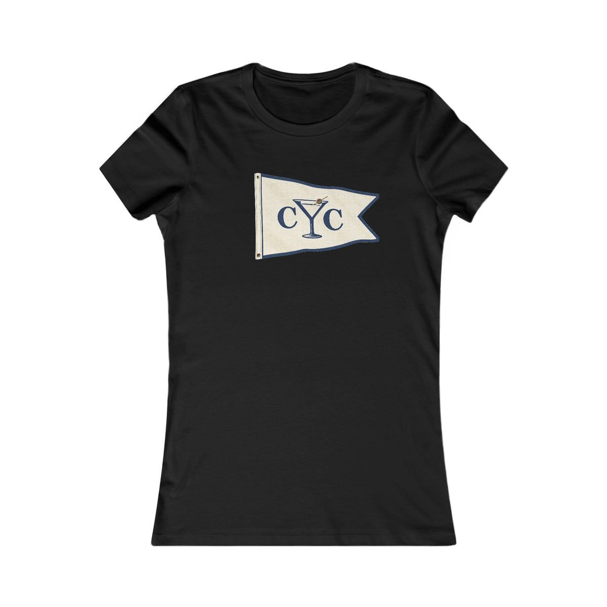 Black Compo Yacht Club Women's Fitted Tee with the Martini Burgee, Ringspun Cotton
