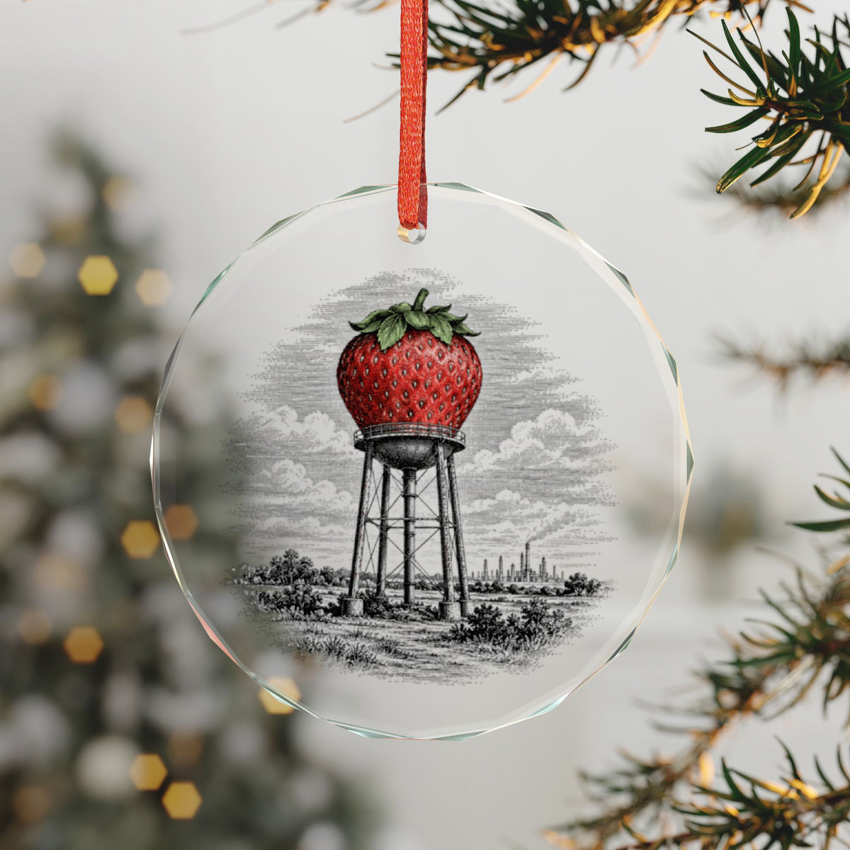 Pasadena Texas Holiday Ornament, Strawberry Water Tower, Crystal Glass Ornament Hanging on a Christmas Tree