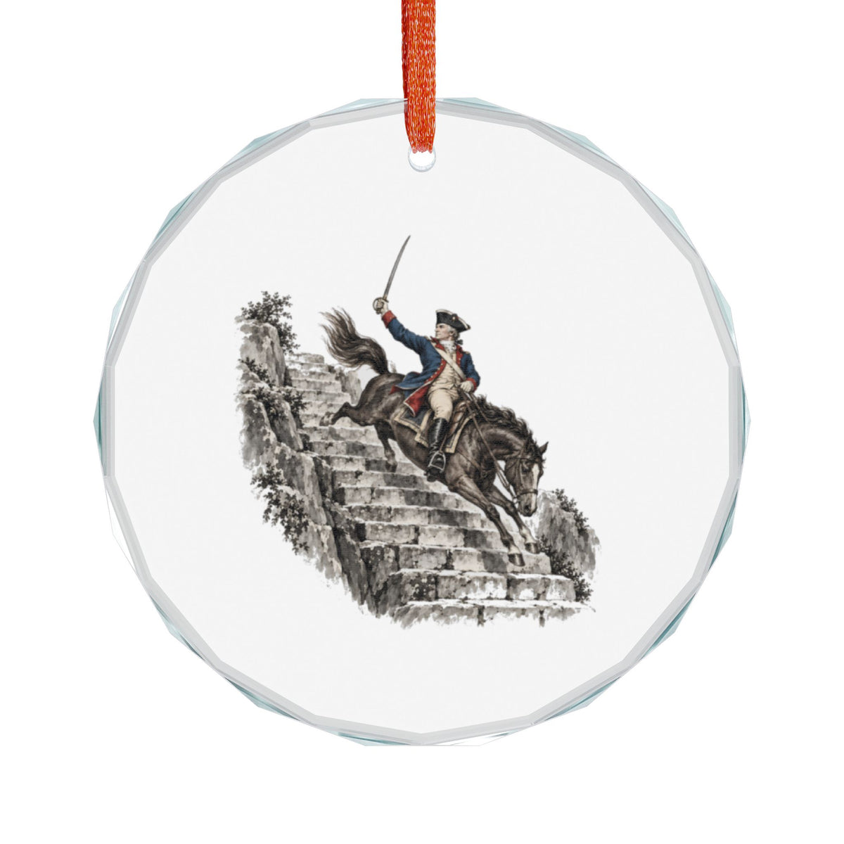 Greenwich, Connecticut Holiday Ornament — The General Who Rode Down the Stairs — angled view of the gem-cut crystal edge catching light