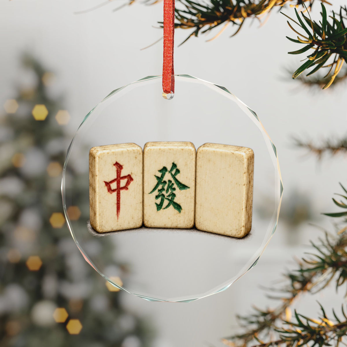 Mahjong Three Honors Crystal Christmas Ornament in Gold Gift Box, Red Green and Blank White Dragon Tiles on Aged Bone