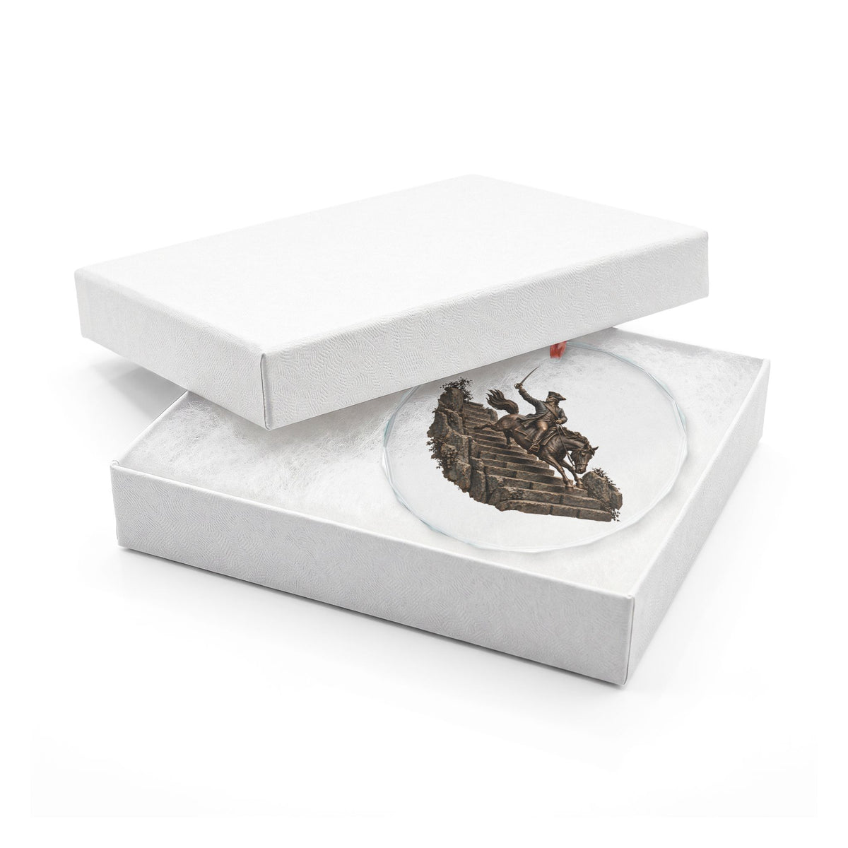 Bronze-Look Figure of General Israel Putnam on Horseback, Sword Raised, Riding Down Stone Steps on a Faceted Crystal Glass Ornament, In Its White Gift Box, Redding, Connecticut