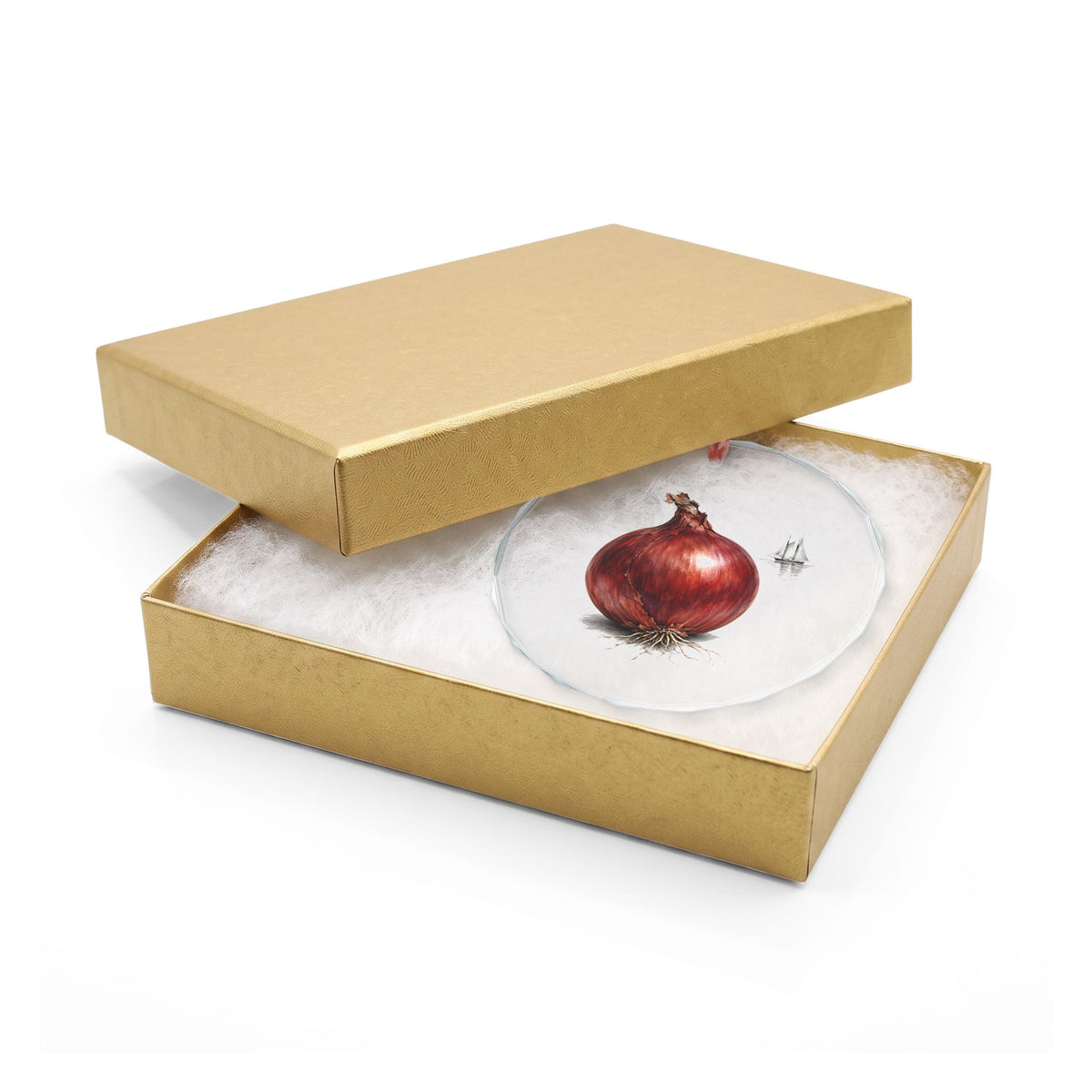 Southport, Connecticut Holiday Ornament — The Onion That Sailed Out by Schooner — crystal ornament hanging by red ribbon, faceted beveled edge