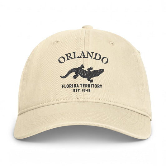 Orlando Florida Retro Vintage Washed Cap in Ivory, Charcoal Printed Town Logo