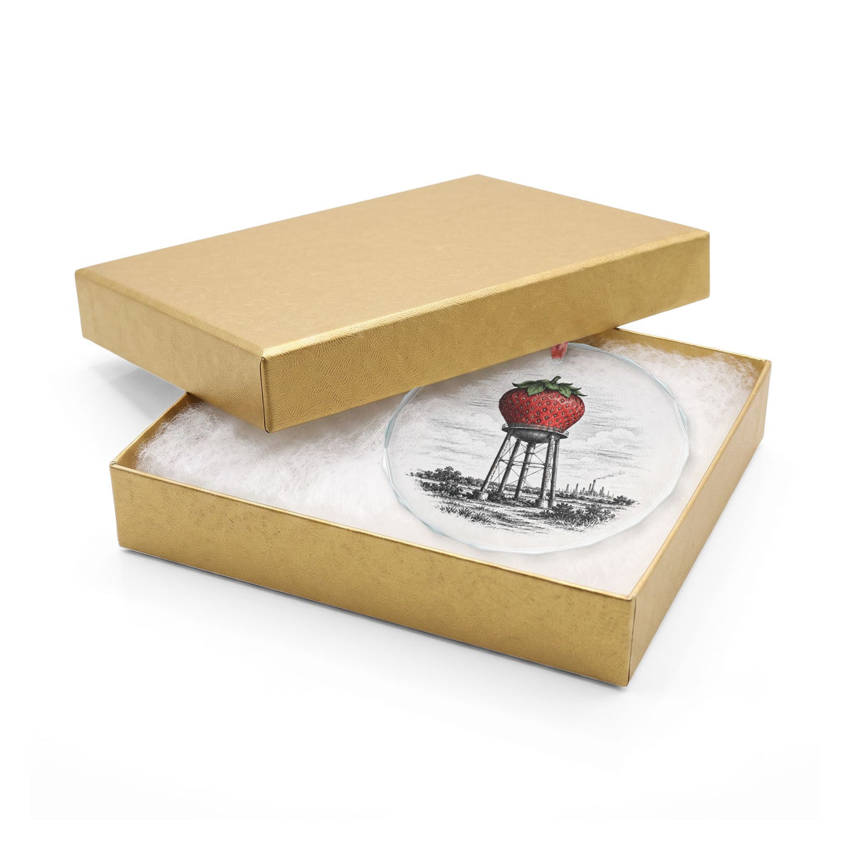 Pasadena Texas Holiday Ornament, Strawberry Water Tower, Crystal Glass Ornament in Gold Gift Box