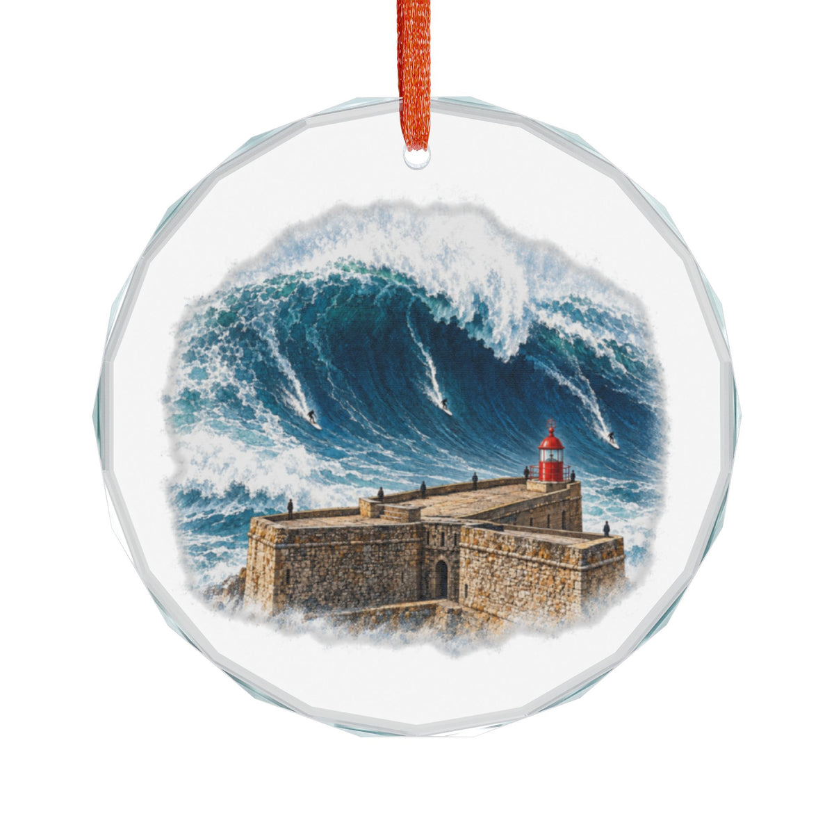 Nazaré Portugal Crystal Holiday Ornament Hanging on White, Big Wave, Three Surfers and the Fort Lighthouse