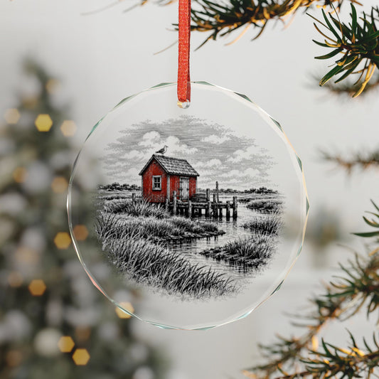 Guilford Connecticut Holiday Ornament, Red Shack on Grass Island, Crystal Glass Ornament Hanging on a Christmas Tree