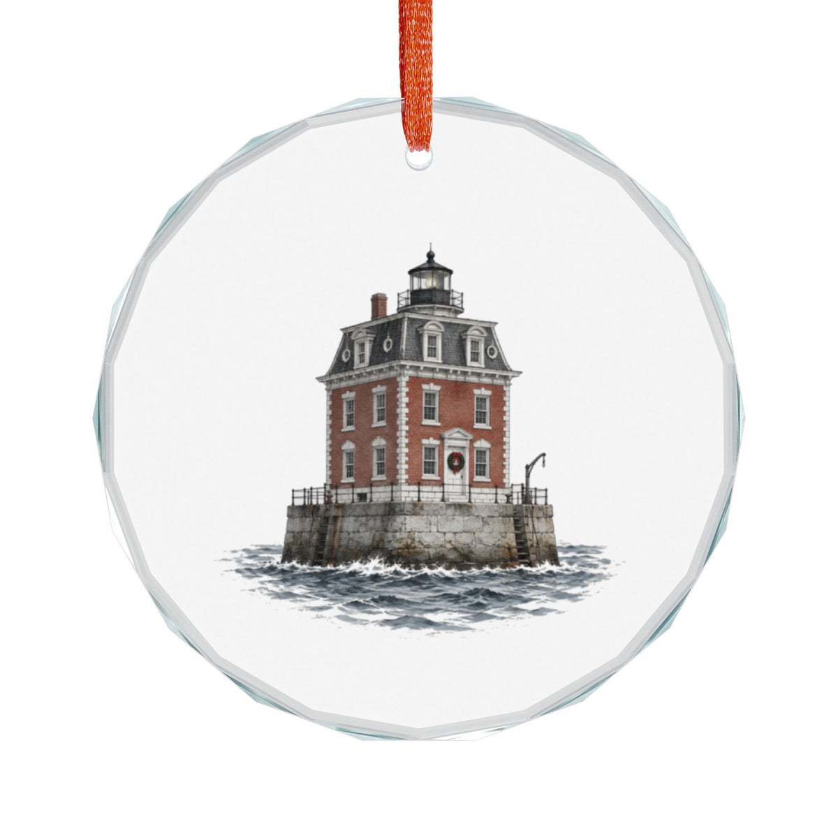 New London, Connecticut Holiday Ornament — The Brick Mansion Standing in the Water — front view: the 1909 French Second Empire light: a red brick three-story house with white quoins, mansard roof and centered lantern, standing on a stone pier in open water with waves breaking at its base