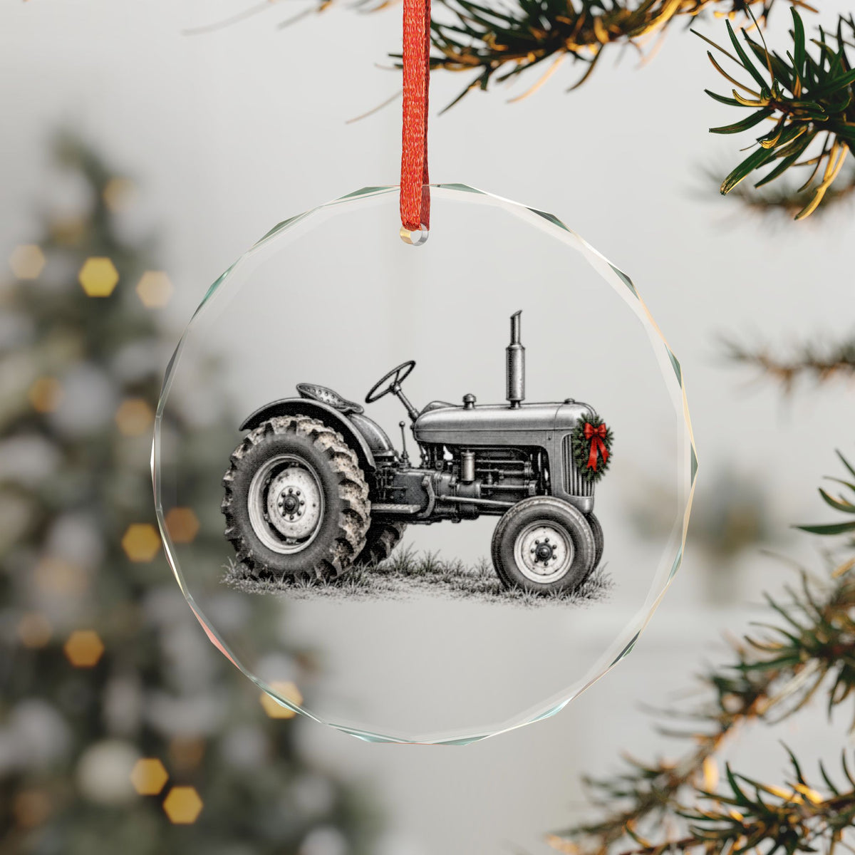 Faceted Crystal Holiday Ornament Shown on a Lit Tree, Art: Vintage Farm Tractor in Black-and-White Engraving with a Red-Bow Wreath