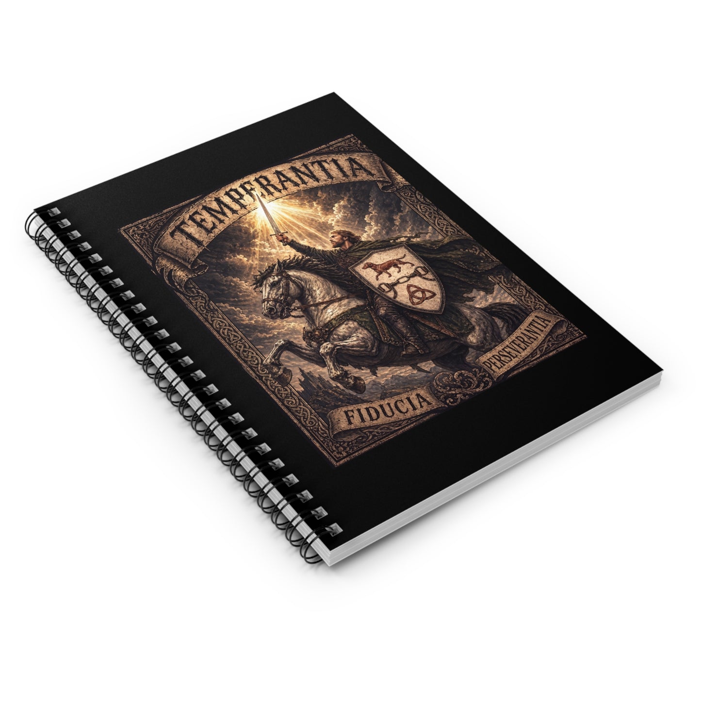 №108 Knight on Horseback Spiral Journal · Live Your Best Knight · Temperantia Fiducia Perseverantia