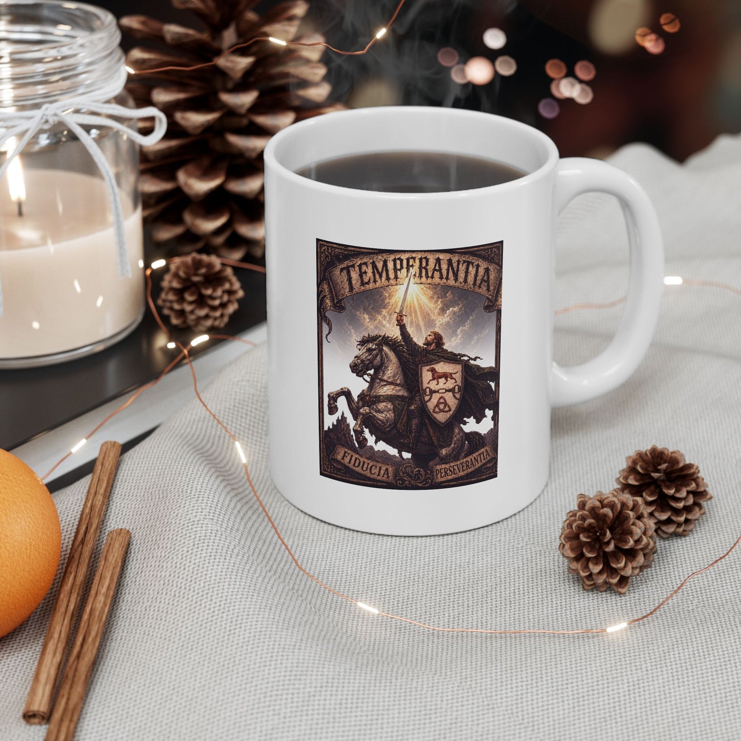 №108 Knight Crest Ceramic Mug · Live Your Best Knight · Temperantia Fiducia Perseverantia