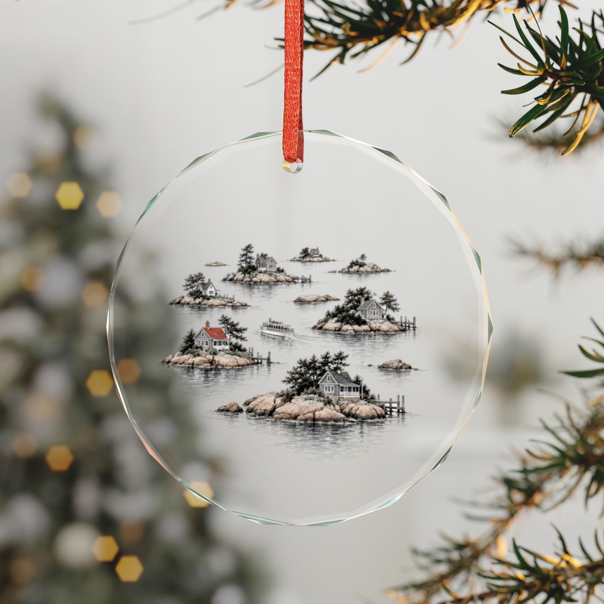 Branford, Connecticut Holiday Ornament — A Cottage on Every Rock — 3-inch faceted crystal glass ornament in white gift box