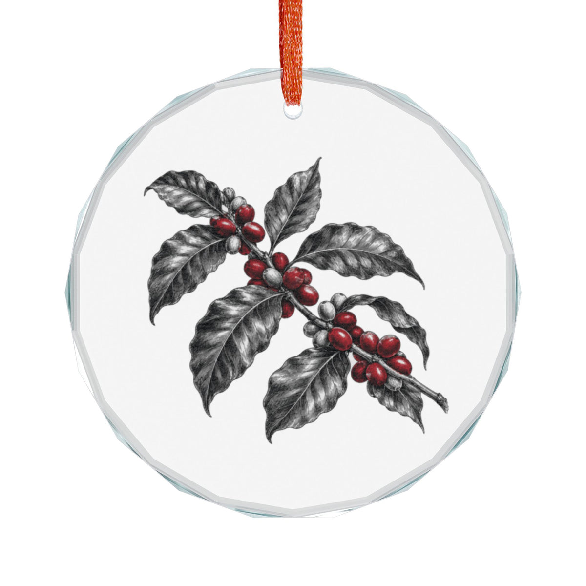 Kona Hawaii Crystal Christmas Ornament Hanging on White, Coffee Branch with Ripe Red Cherries