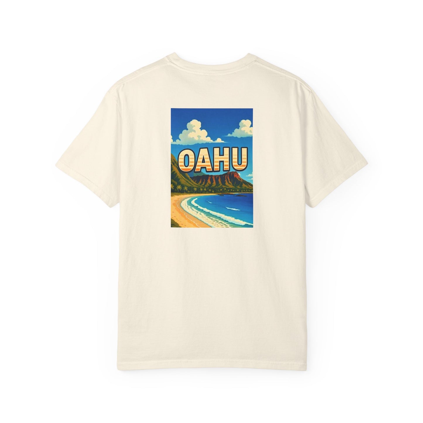 Oahu Hawaii Vintage Retro Back Printed Art Series Cotton Tee - Black Logo