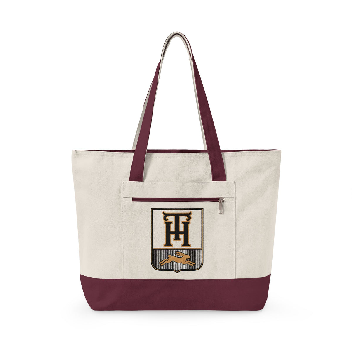 Natural with Maroon Trim Team Haas Canvas Tote, TH Family Crest