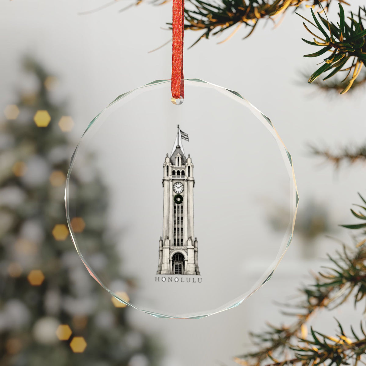 Honolulu, Hawaii Holiday Ornament — Where Every Ship Was Met — 3-inch faceted crystal glass ornament in gold gift box
