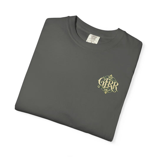 Alternative view — front monogram angle on the pepper GFRR railroad tee