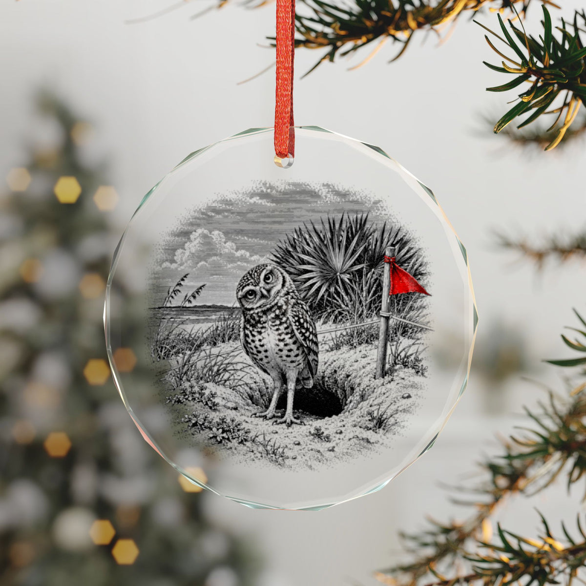 Marco Island Florida Holiday Ornament, Burrowing Owl, Crystal Glass Ornament Hanging on a Christmas Tree