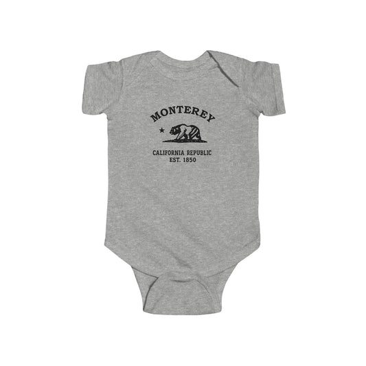 Monterey California Vintage Retro Cotton Jersey Baby Bodysuit, Heather, Black Logo