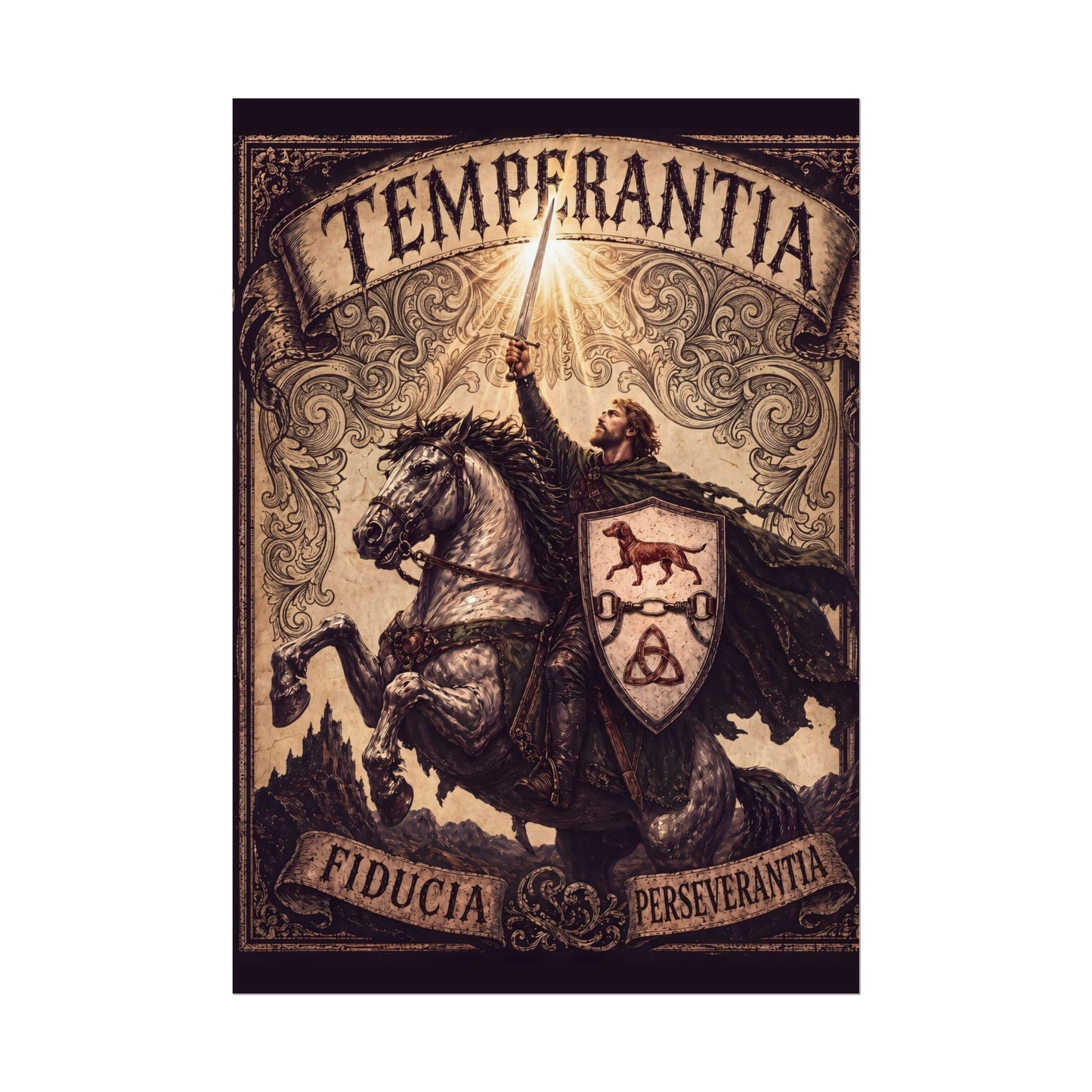 №108 Knight on Horseback Heraldic Poster — Filigree Sky · Live Your Best Knight · Temperantia Fiducia Perseverantia