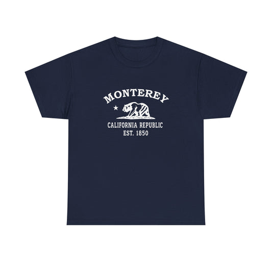 Monterey California Vintage Style Unisex Heavy Cotton Tee - White Retro Bear Logo, Navy