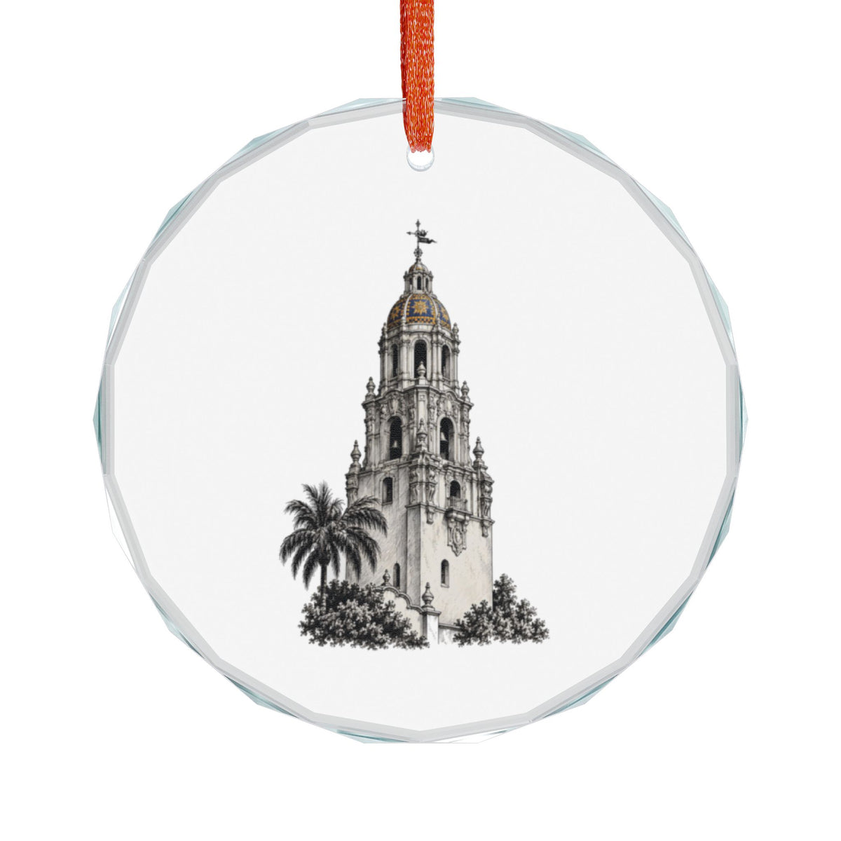 San Diego, California Holiday Ornament — The Fair Building They Refused to Tear Down — angled view of the gem-cut crystal edge catching light
