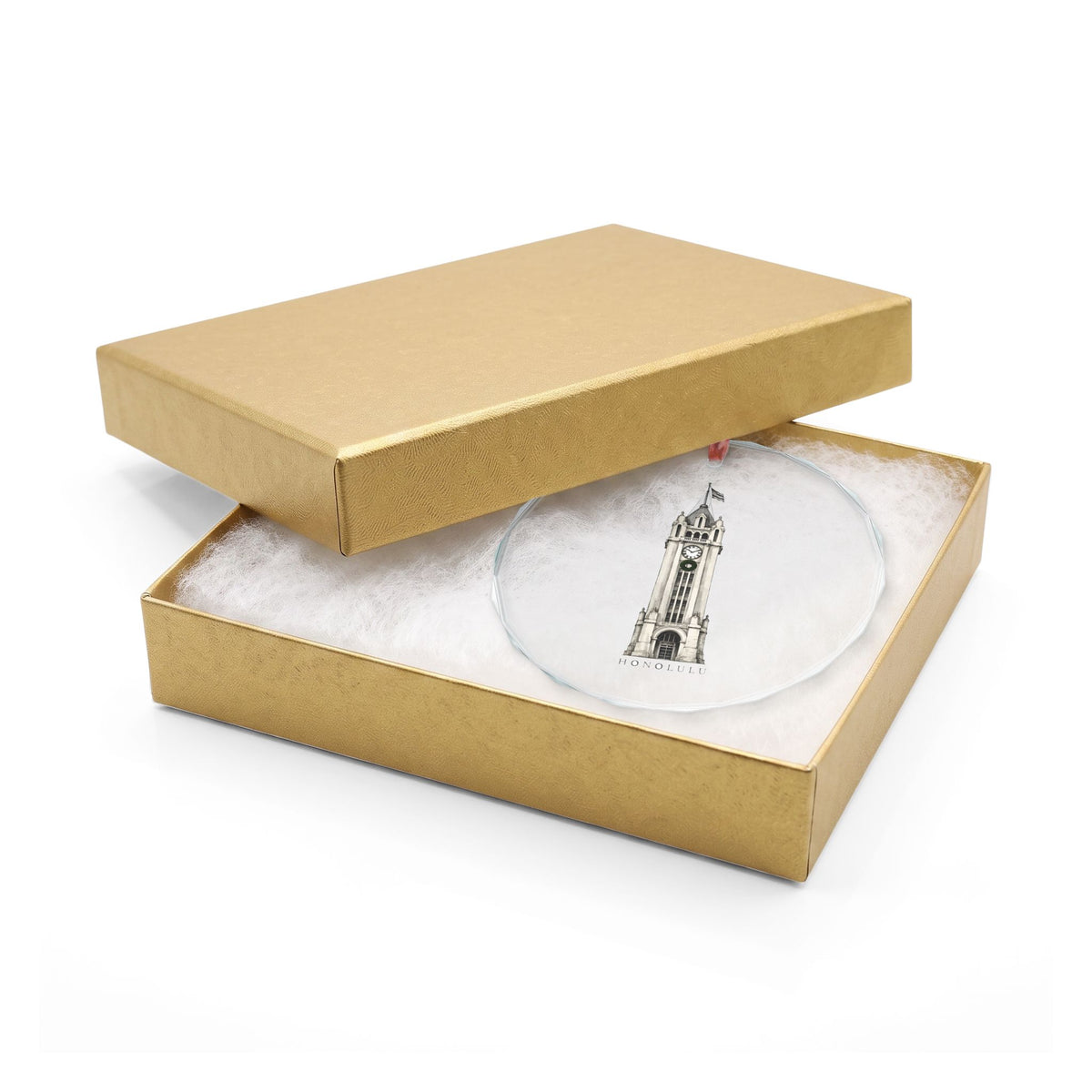 Honolulu, Hawaii Holiday Ornament — Where Every Ship Was Met — crystal ornament hanging by red ribbon, faceted beveled edge