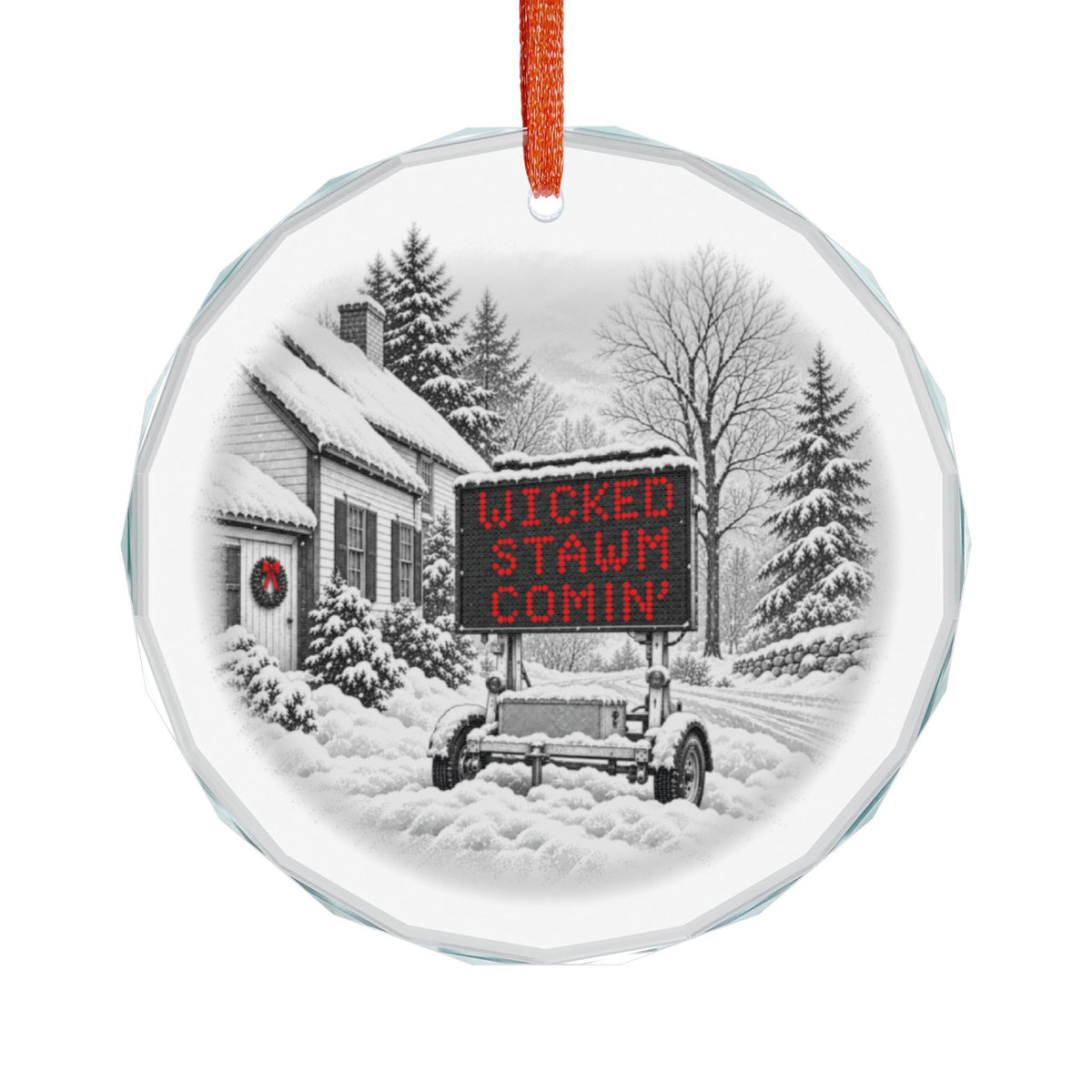 Boston Wicked Stawm Comin' Crystal Ornament Hanging, New England Snow Scene