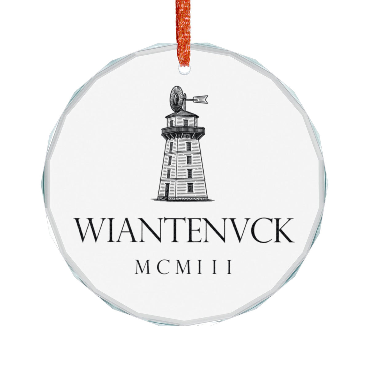 Wiantenuck 1903 Crystal Glass Ornament, Pen-and-Ink Windmill Tower Lettered WIANTENVCK MCMIII