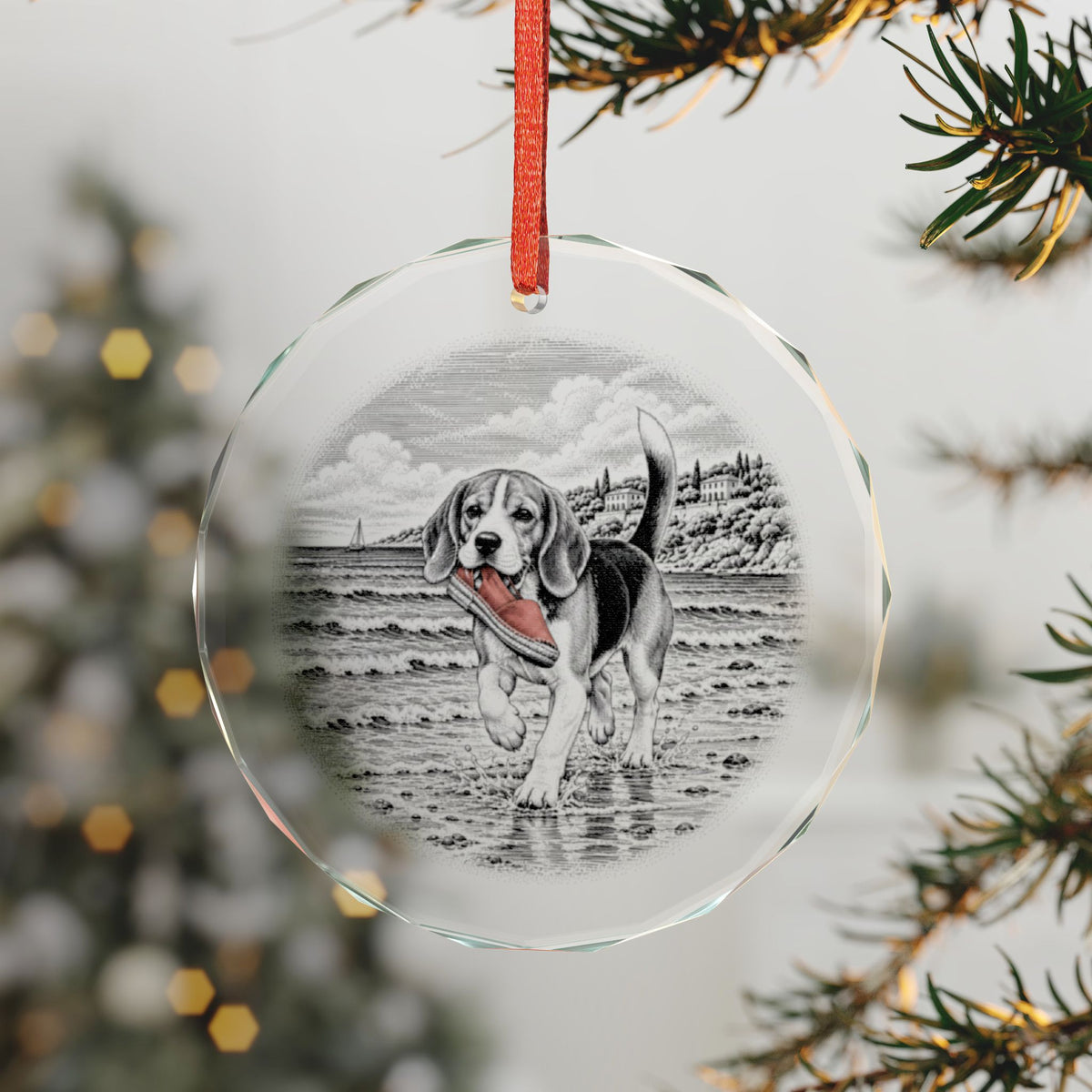 Beagle Crystal Christmas Ornament Hanging on a Lit Tree, Pen and Ink Tricolor Hound Carrying a Red Espadrille on a Riviera Beach, Faceted Edge