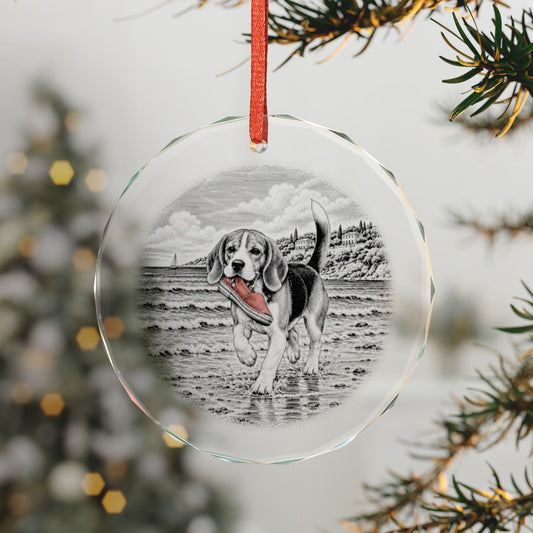 Faceted Crystal Holiday Ornament Shown on a Lit Tree, Art: Tricolor Beagle Trotting Away With a Red Shoe in Its Mouth, Animal Series