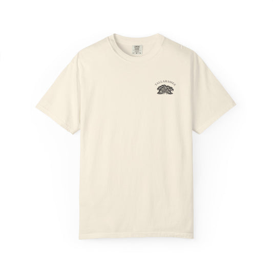 Tallahassee Florida canopy road tee in White — back print, live oaks arching over a canopy road, Florida Territory est. 1845 —  Butter