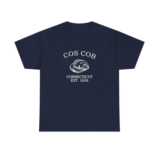 Cos Cob Connecticut Vintage Style Unisex Heavy Cotton Tee - White Retro Oyster Logo, Navy