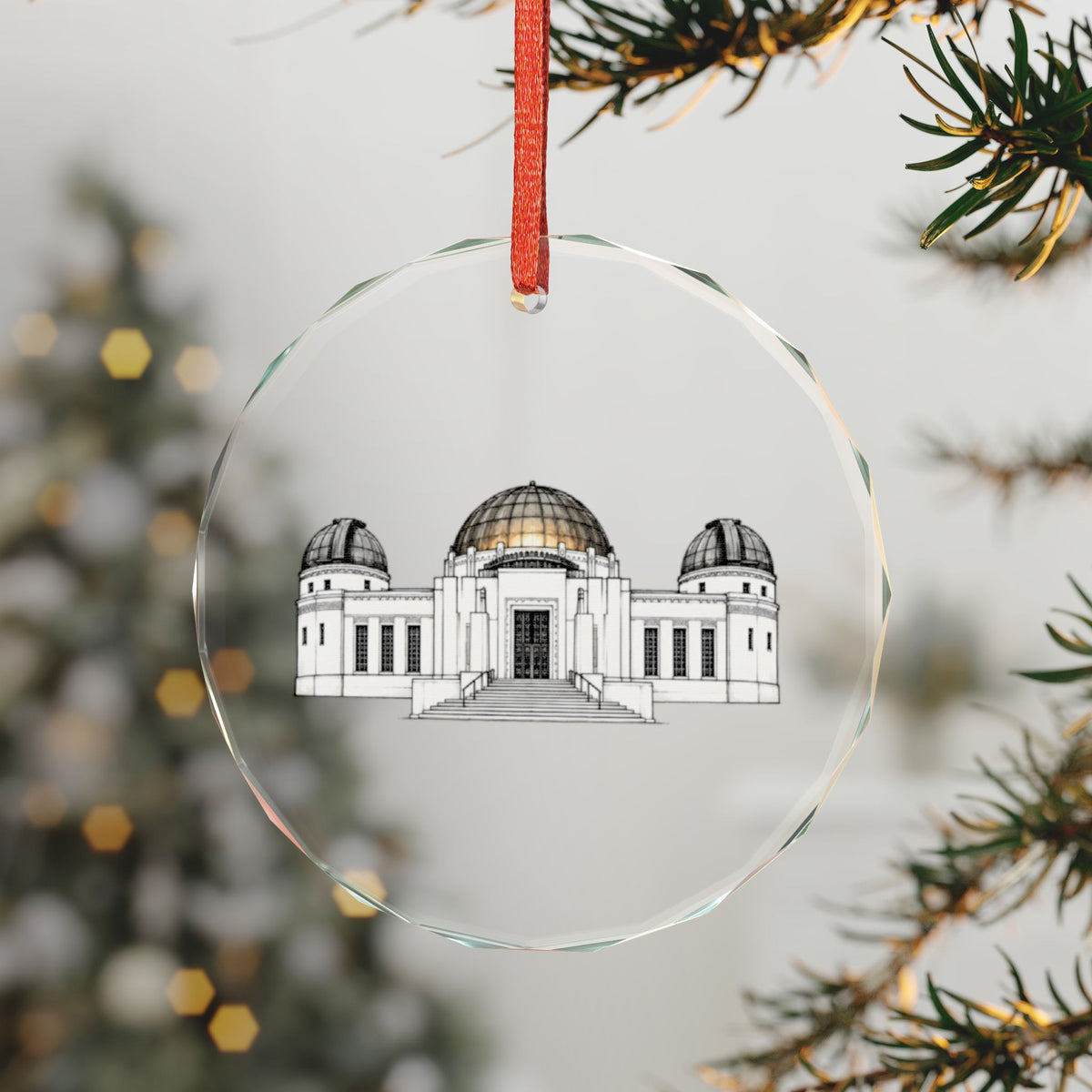 Los Angeles, California Holiday Ornament — The Telescope Left Open to Everyone — 3-inch faceted crystal glass ornament in gold gift box