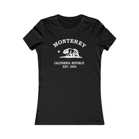 Monterey California Vintage Retro Womens Fitted Ringspun Cotton Tee, Black, White Logo