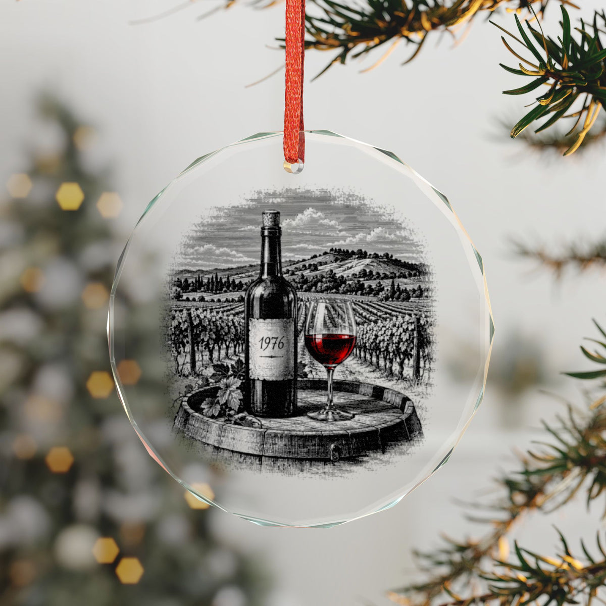 Napa California Holiday Ornament, The 1976 Bottle, Crystal Glass Ornament Hanging on a Christmas Tree